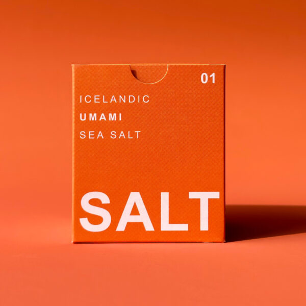 Bold orange box of UMAMI SEA SALT TYPE °01 BÁRA, vividly showcasing ‘SEA SALT’ to highlight its specialized seaweed salt.