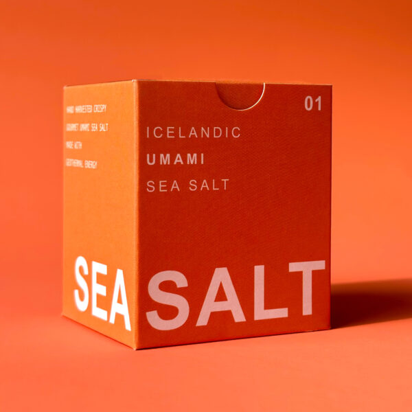 Bright orange box of UMAMI SEA SALT TYPE °01 BÁRA, boldly featuring the text ‘SEA SALT,’ specialized for its high-quality seaweed salt.