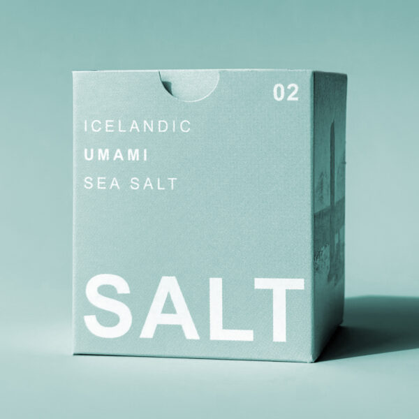 Umami Sea Salt - Robust packaging of UMAMI SEA SALT TYPE °02 UNNUR showcasing ‘SALT’ in bold over a serene sea green background, perfect for its salt with seaweed.