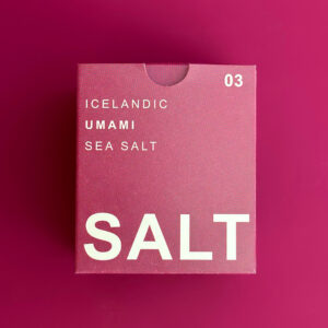 UMAMI LAVA SALT TYPE °03 ALDA in a striking raspberry box, marked with ‘SALT’ to emphasize its Icelandic lava salt contents.