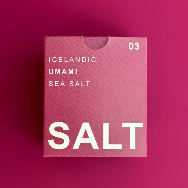 UMAMI LAVA SALT TYPE °03 ALDA in a striking raspberry box, marked with ‘SALT’ to emphasize its Icelandic lava salt contents.