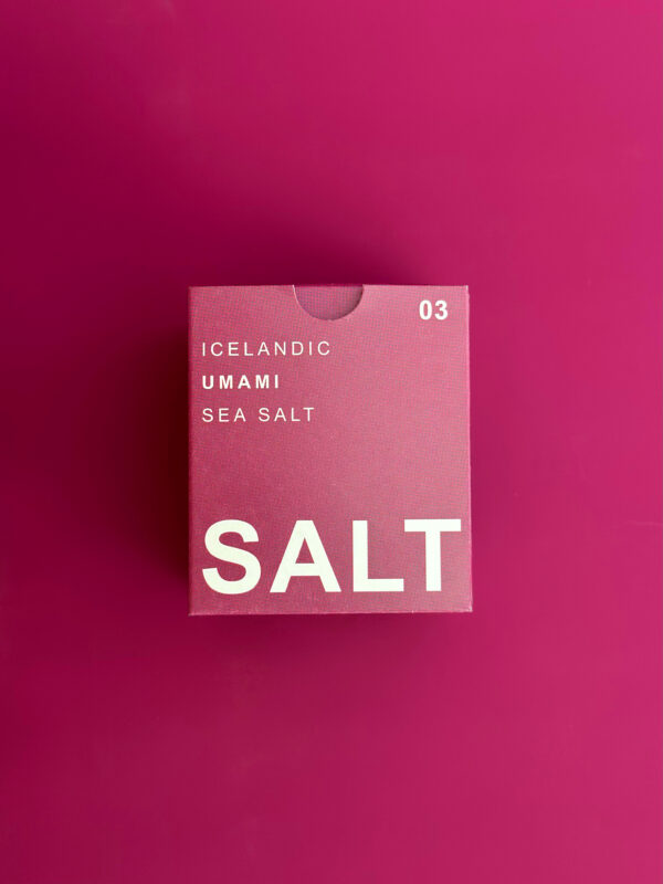 Striking raspberry box of UMAMI LAVA SALT TYPE °03 ALDA prominently displaying ‘SALT,’ highlighting the Icelandic lava salt within.