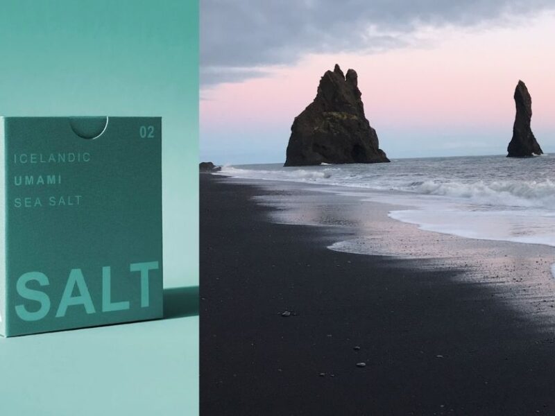 Icelandic umami sea salt box with a scenic view of Reynisfjara black sand beach in Iceland, highlighting the natural source of umami flavors.